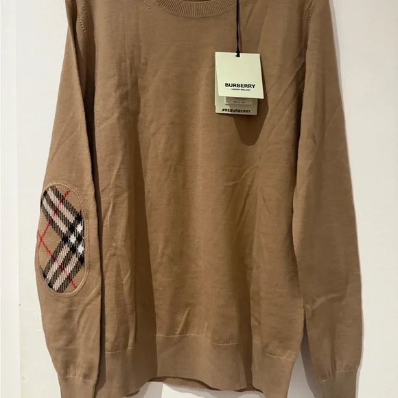 Burberry Crewneck Sweater with Plaid Elbow Patches